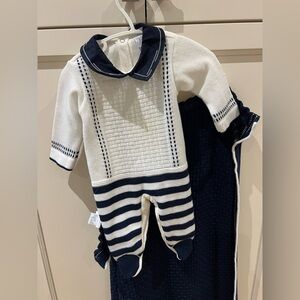 Navy and White Striped Baby Outfit with blanket.  Nb.